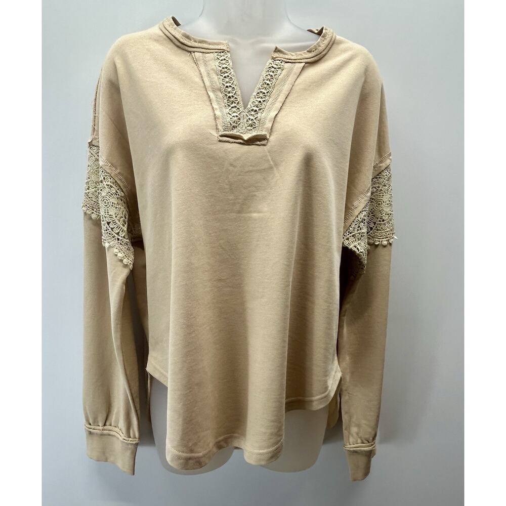 La Miel 100% Cotton Crochet Breezy Long Sleeve V-Neck Blouse Size Small (New) .